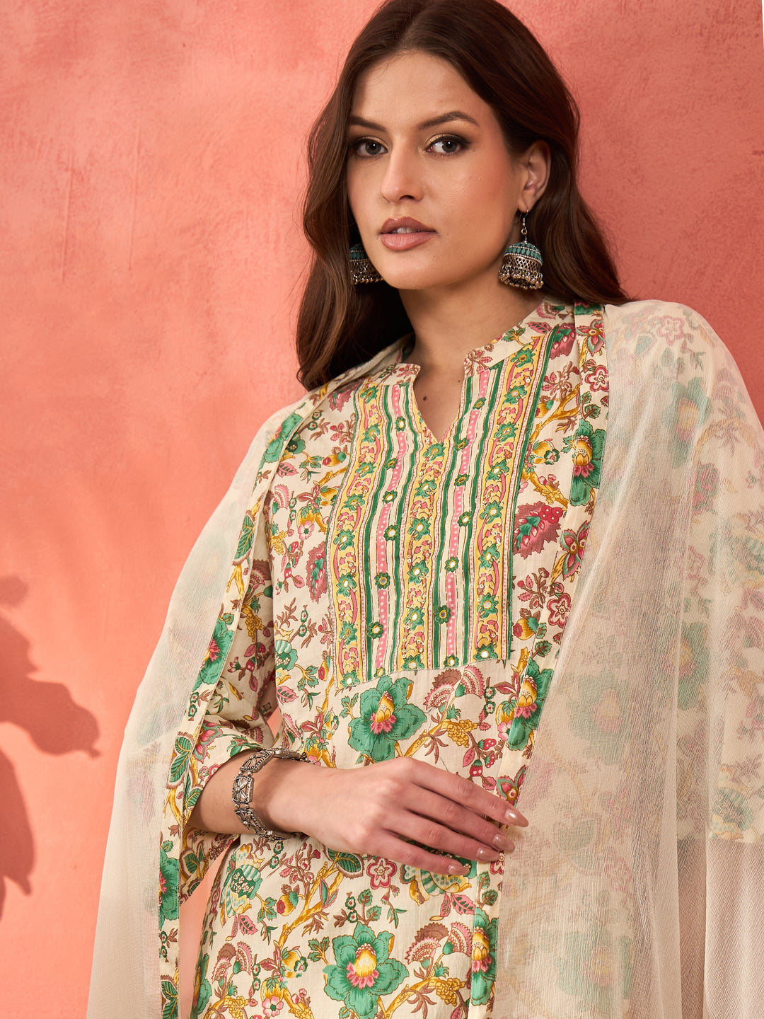 White Multi Floral Straight Kurta With Pencil Pants &amp; Dupatta-Shae by SASSAFRAS