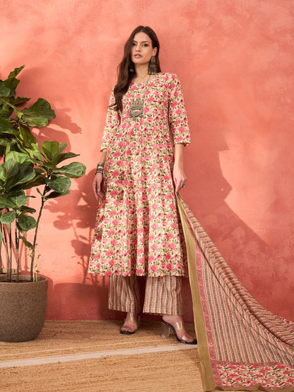 Off White & Pink Floral Anarkali Kurta With Pencil Pants & Dupatta