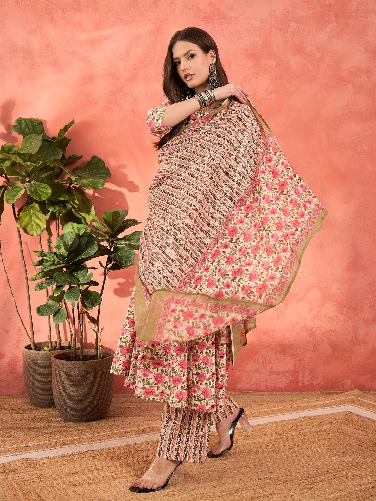 Off White & Pink Floral Anarkali Kurta With Pencil Pants & Dupatta