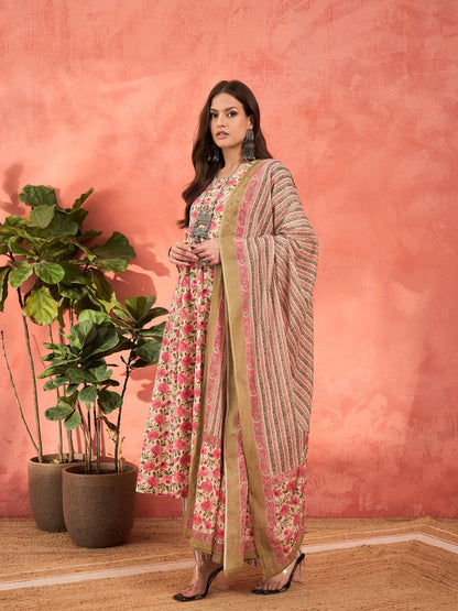 Off White & Pink Floral Anarkali Kurta With Pencil Pants & Dupatta
