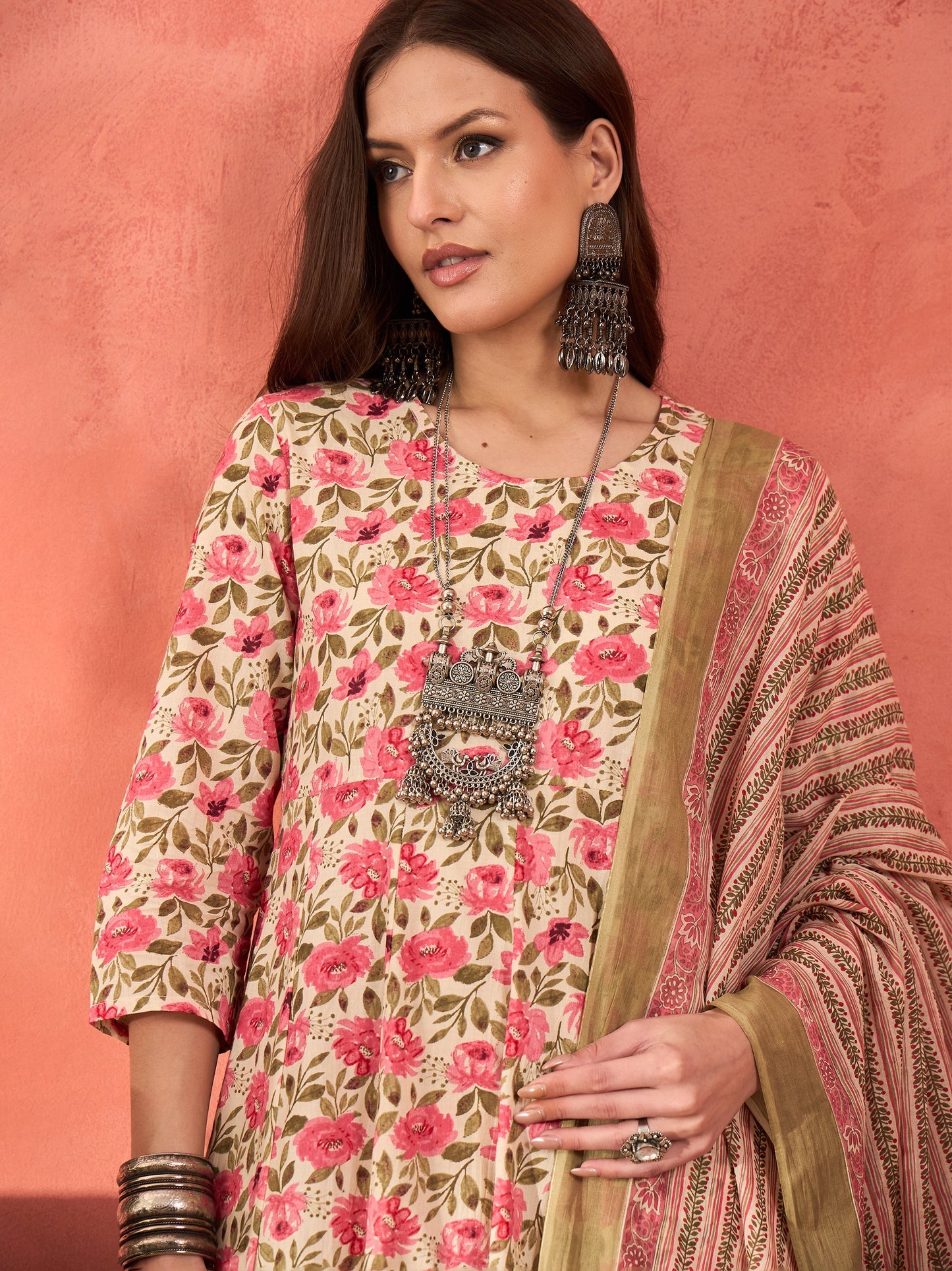Off White & Pink Floral Anarkali Kurta With Pencil Pants & Dupatta