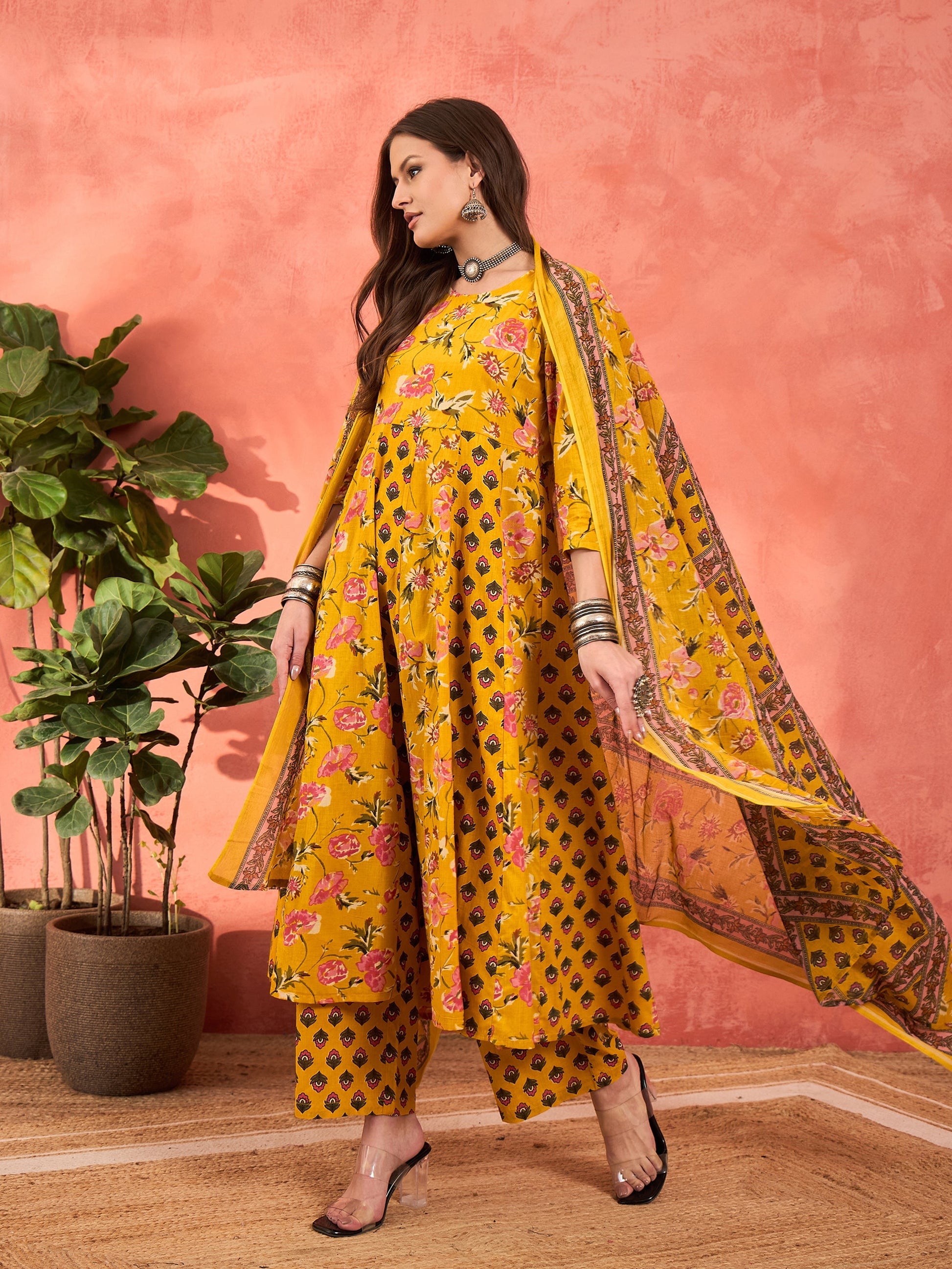 Yellow Floral Anarkali Kurta With Pants & Dupatta-Shae by SASSAFRAS