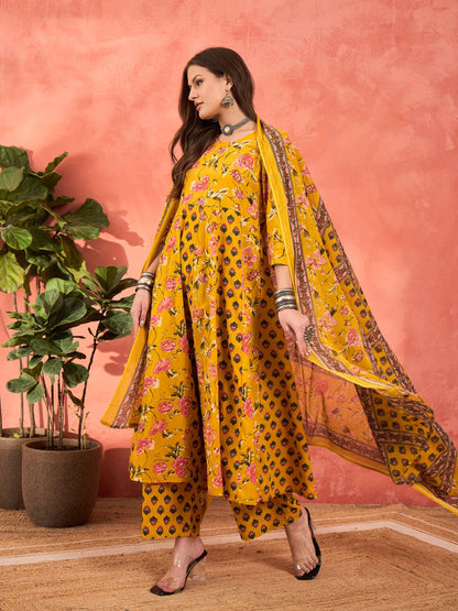 Yellow Floral Anarkali Kurta With Pants & Dupatta-Shae by SASSAFRAS