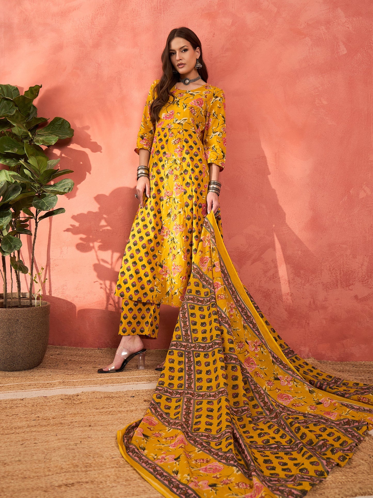 Yellow Floral Anarkali Kurta With Pants & Dupatta-Shae by SASSAFRAS
