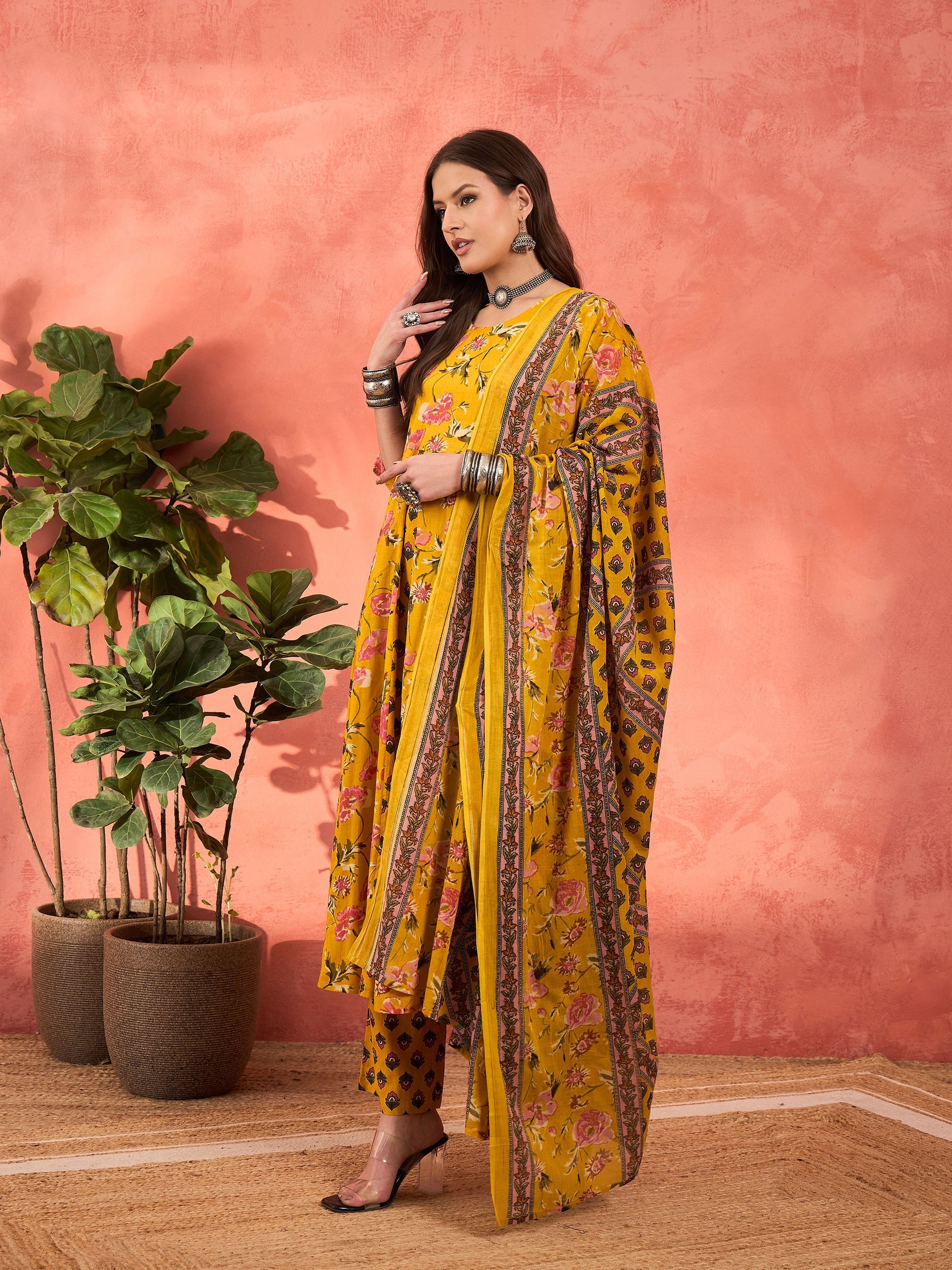 Yellow Floral Anarkali Kurta With Pants & Dupatta-Shae by SASSAFRAS