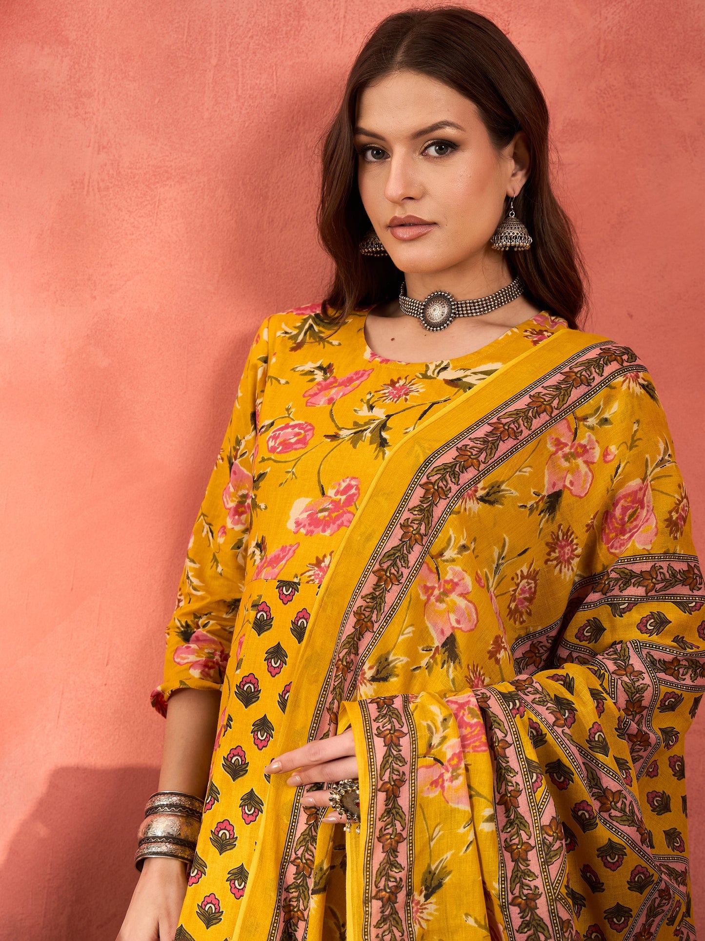 Yellow Floral Anarkali Kurta With Pants & Dupatta-Shae by SASSAFRAS