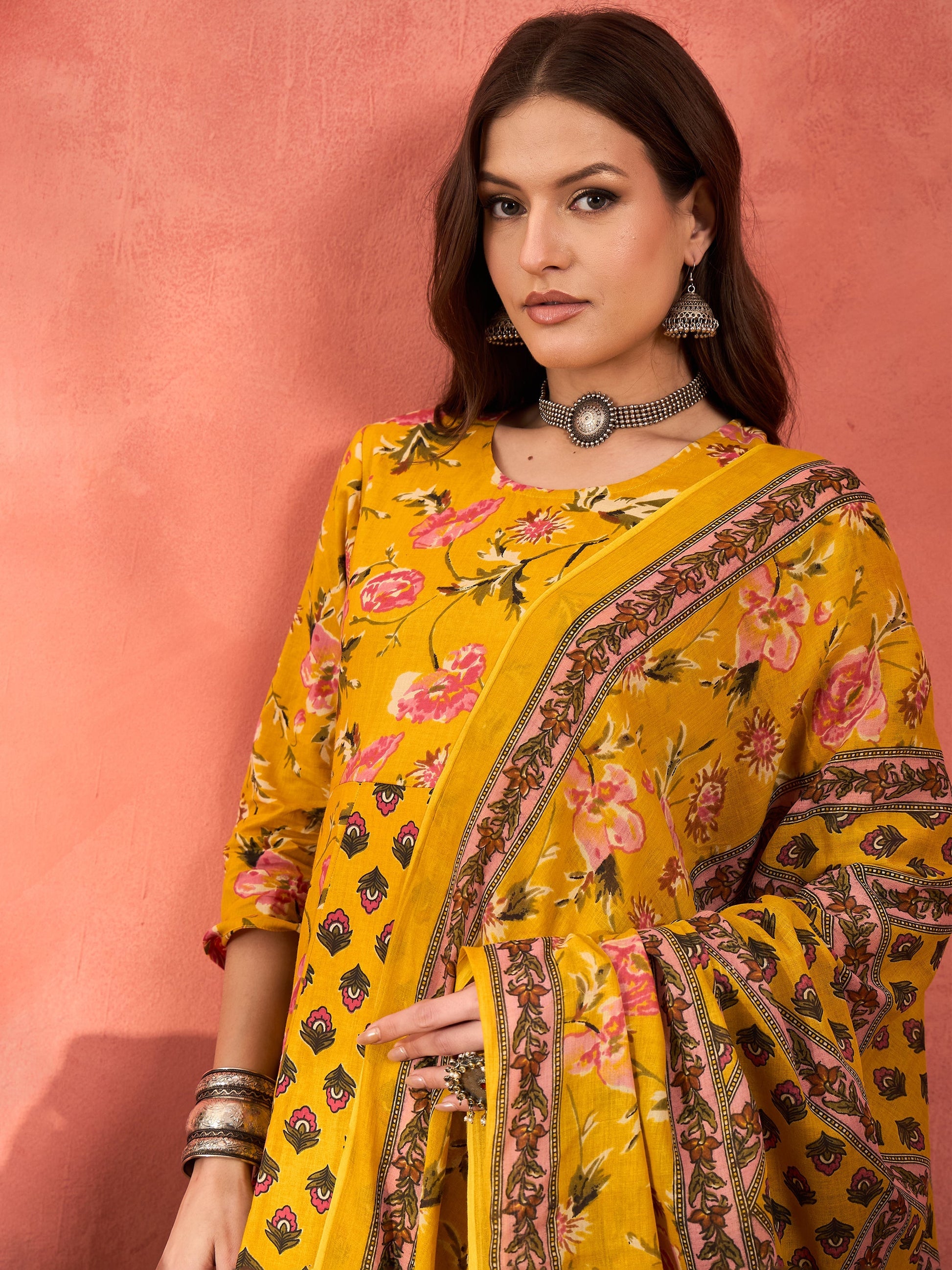Yellow Floral Anarkali Kurta With Pants & Dupatta-Shae by SASSAFRAS