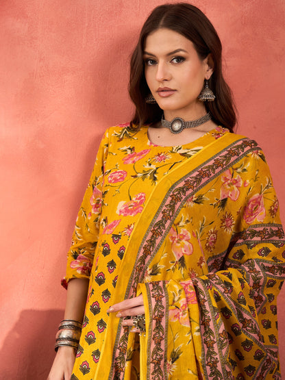 Yellow Floral Anarkali Kurta With Pants & Dupatta-Shae by SASSAFRAS