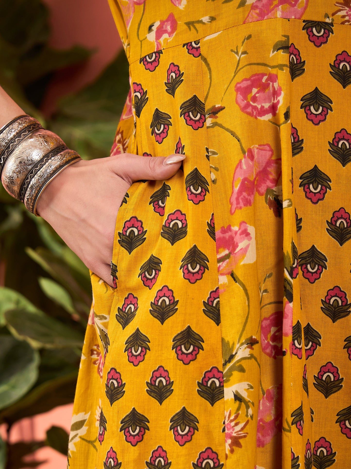 Yellow Floral Anarkali Kurta With Pants & Dupatta-Shae by SASSAFRAS