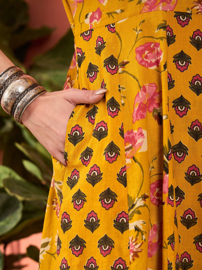 Yellow Floral Anarkali Kurta With Pants & Dupatta-Shae by SASSAFRAS