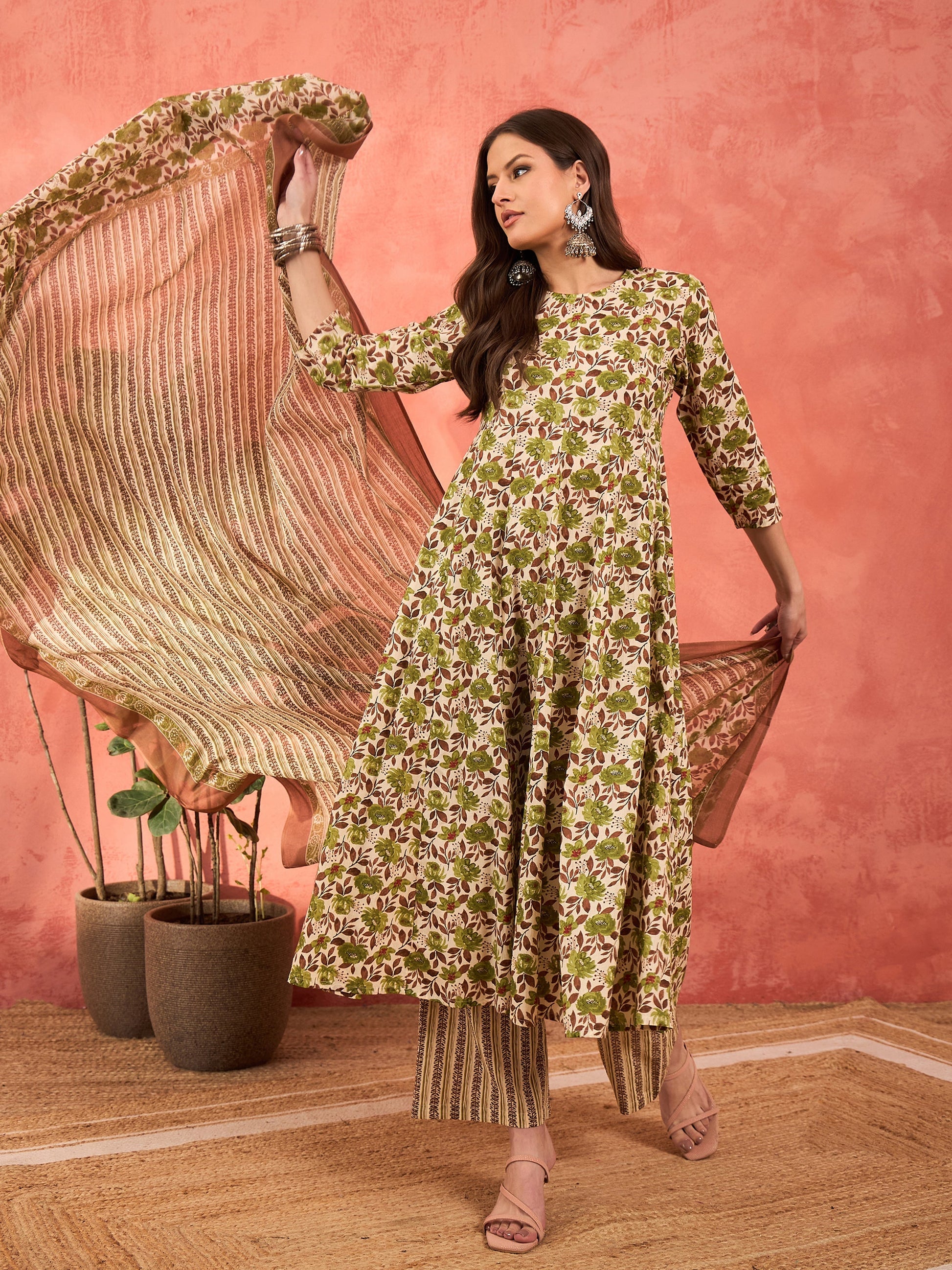 Off White & Green Floral Anarkali Kurta With Pencil Pants & Dupatta-Shae by SASSAFRAS