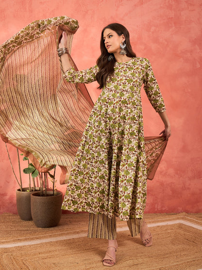 Off White & Green Floral Anarkali Kurta With Pencil Pants & Dupatta-Shae by SASSAFRAS