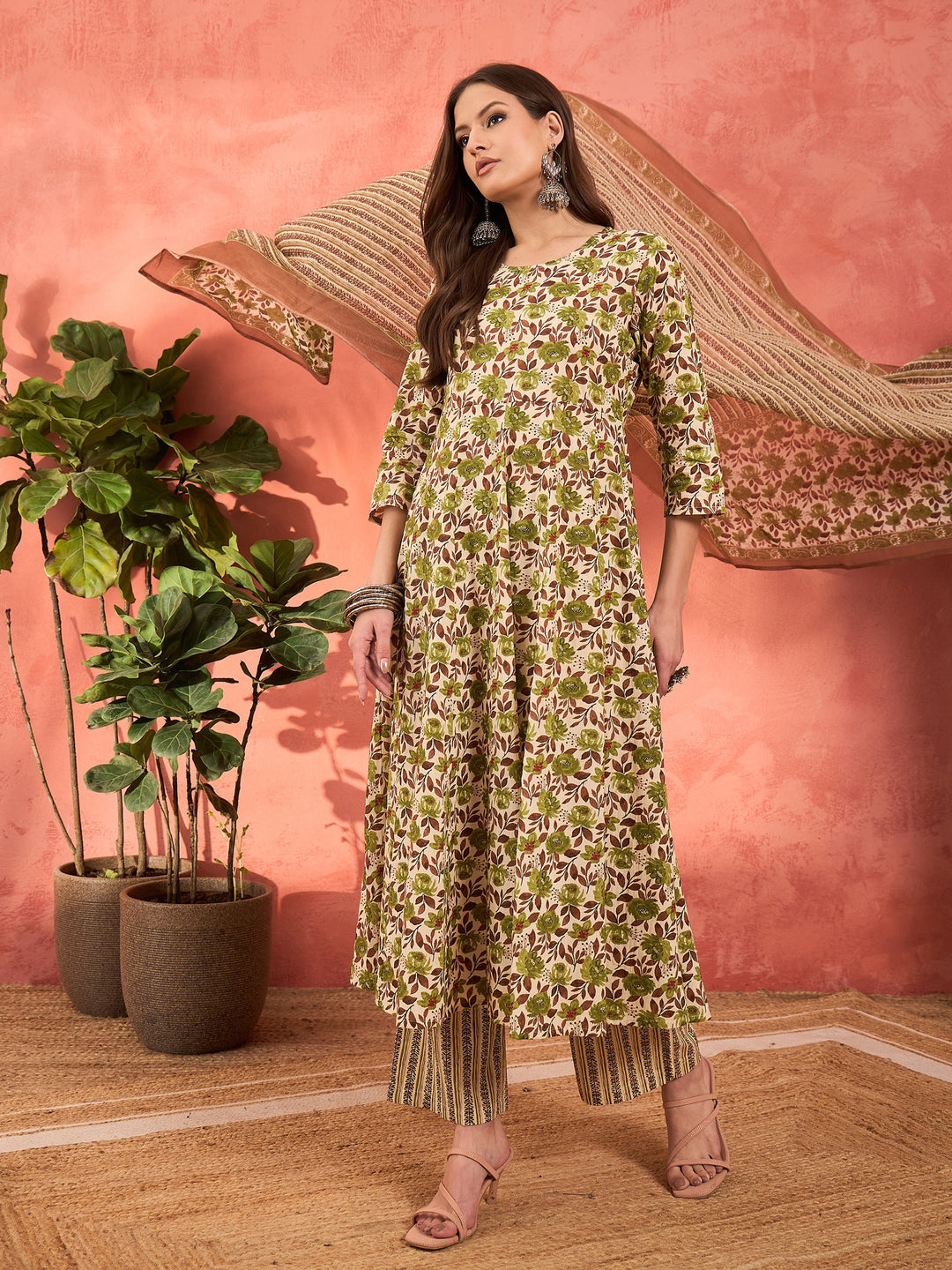 Off White &amp; Green Floral Anarkali Kurta With Pencil Pants &amp; Dupatta-Shae by SASSAFRAS