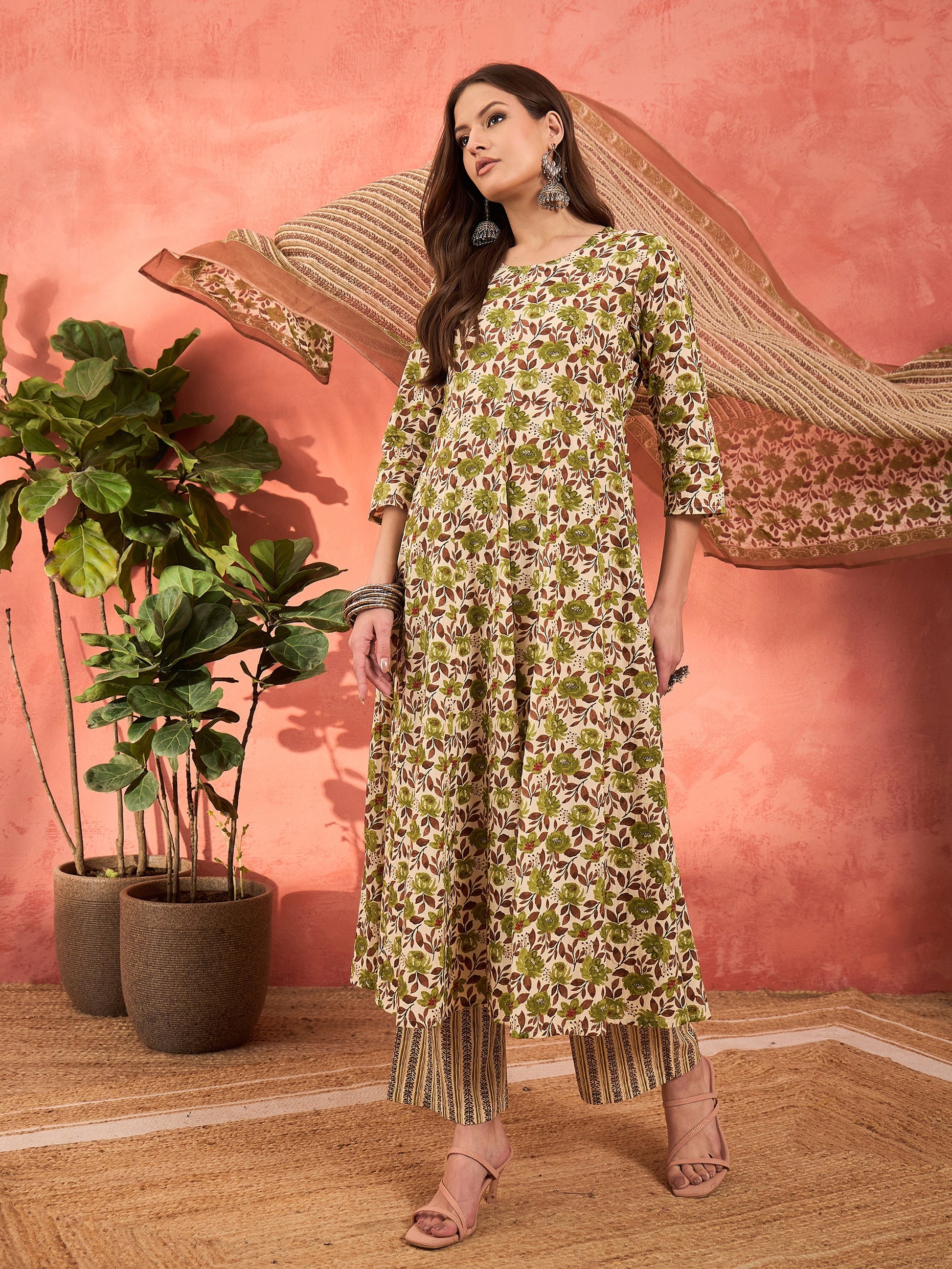 Off White & Green Floral Anarkali Kurta With Pencil Pants & Dupatta-Shae by SASSAFRAS