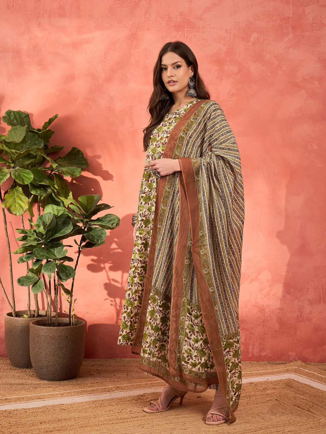 Off White &amp; Green Floral Anarkali Kurta With Pencil Pants &amp; Dupatta-Shae by SASSAFRAS