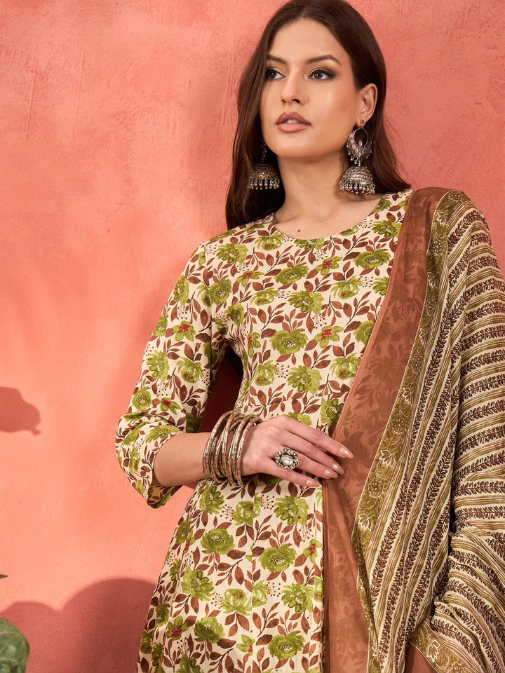 Off White &amp; Green Floral Anarkali Kurta With Pencil Pants &amp; Dupatta-Shae by SASSAFRAS