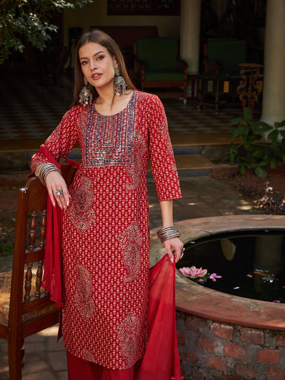 Maroon Floral Front Yoke Kurta With Pencil Pants & Dupatta-Shae by SASSAFRAS