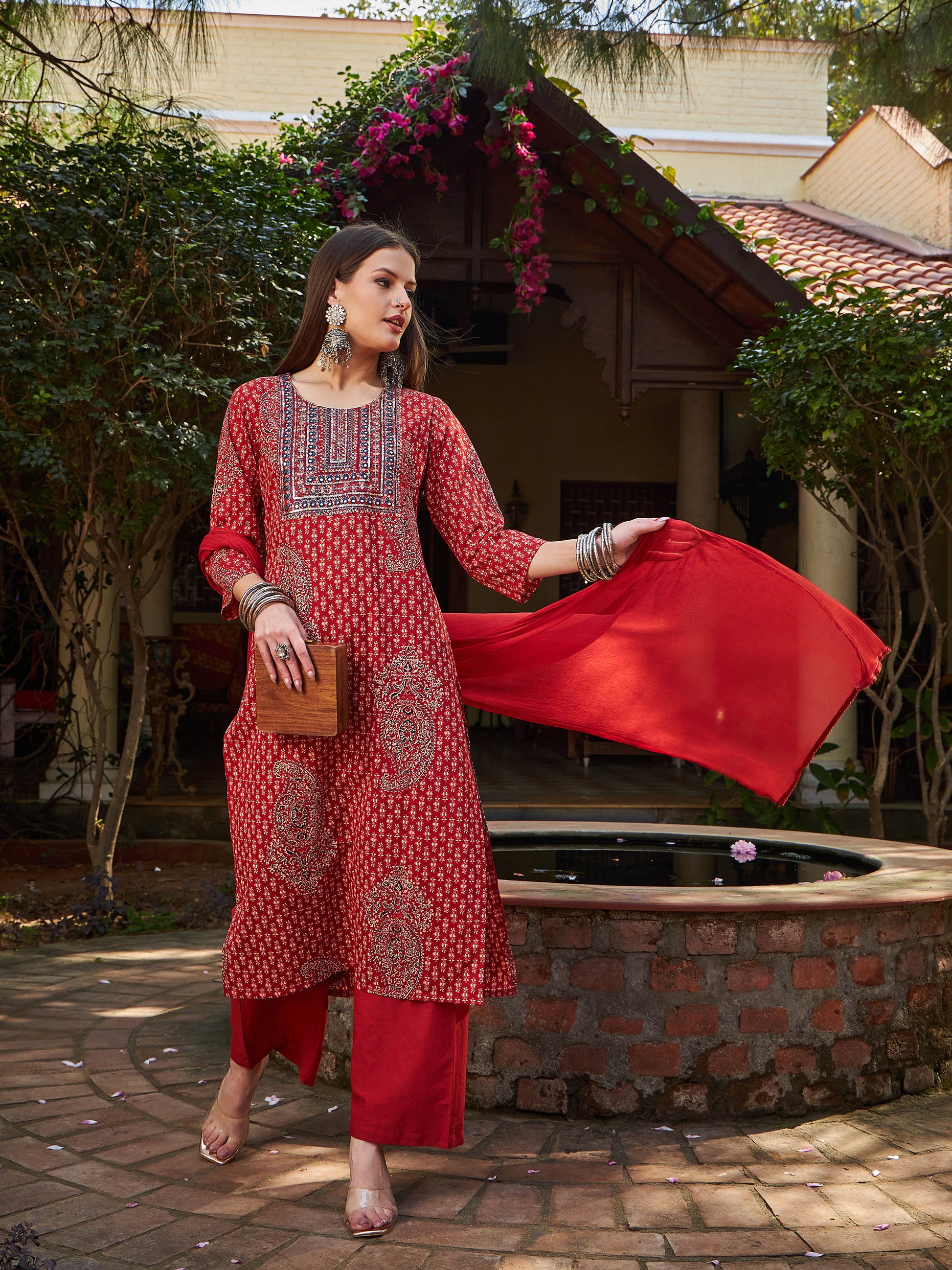 Maroon Floral Front Yoke Kurta With Pencil Pants & Dupatta-Shae by SASSAFRAS