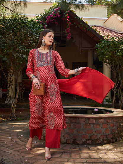 Maroon Floral Front Yoke Kurta With Pencil Pants & Dupatta-Shae by SASSAFRAS