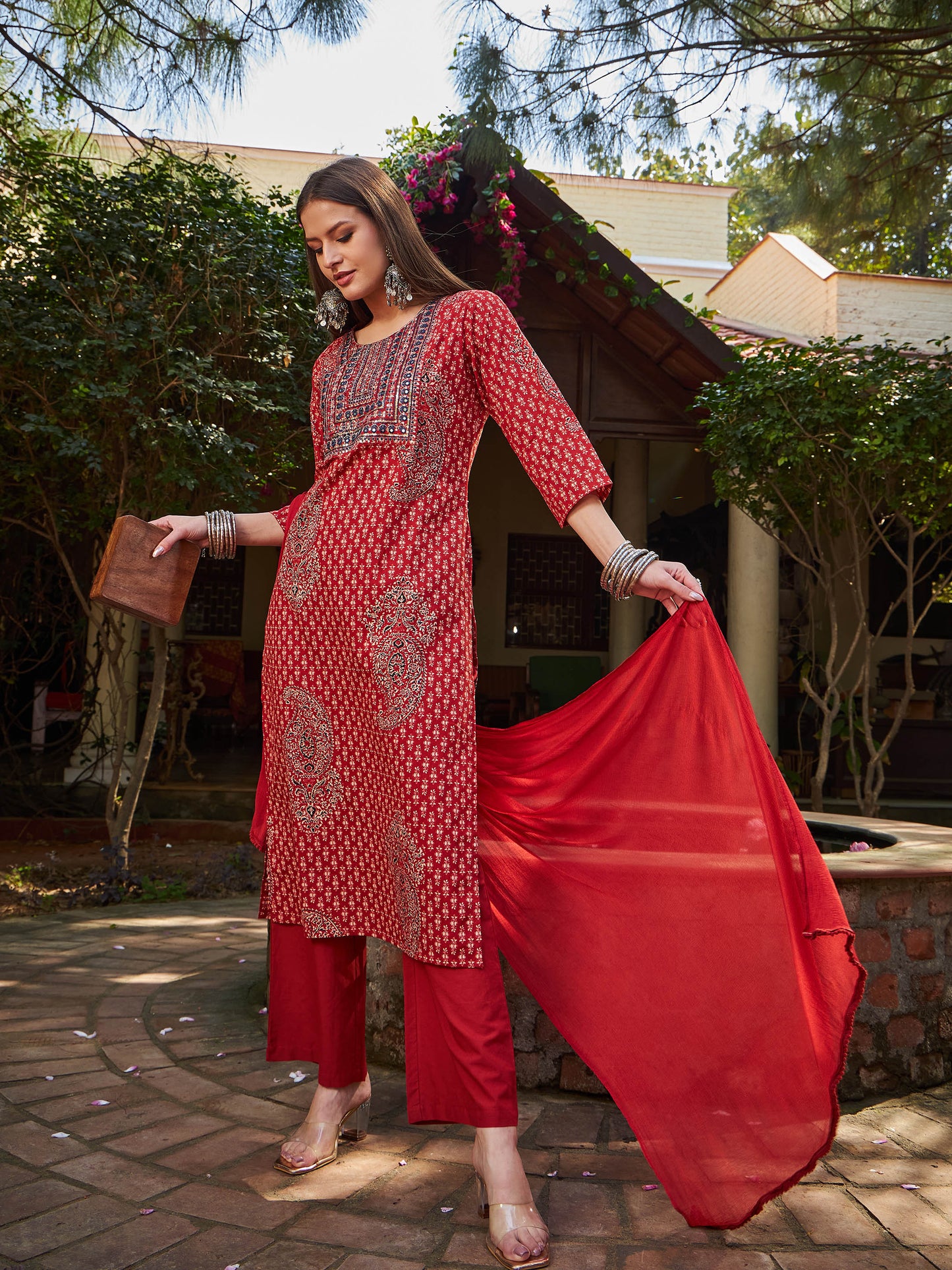 Maroon Floral Front Yoke Kurta With Pencil Pants & Dupatta-Shae by SASSAFRAS