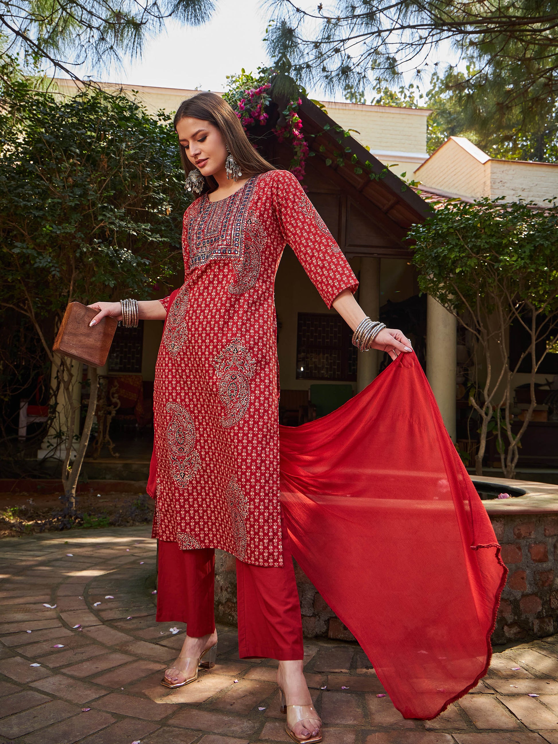 Maroon Floral Front Yoke Kurta With Pencil Pants & Dupatta-Shae by SASSAFRAS