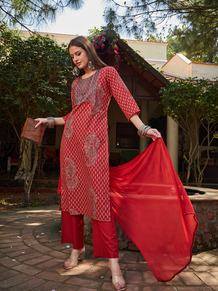 Maroon Floral Front Yoke Kurta With Pencil Pants &amp; Dupatta-Shae by SASSAFRAS