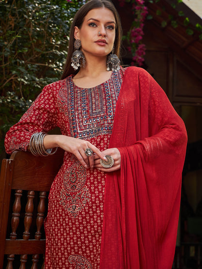Maroon Floral Front Yoke Kurta With Pencil Pants & Dupatta-Shae by SASSAFRAS