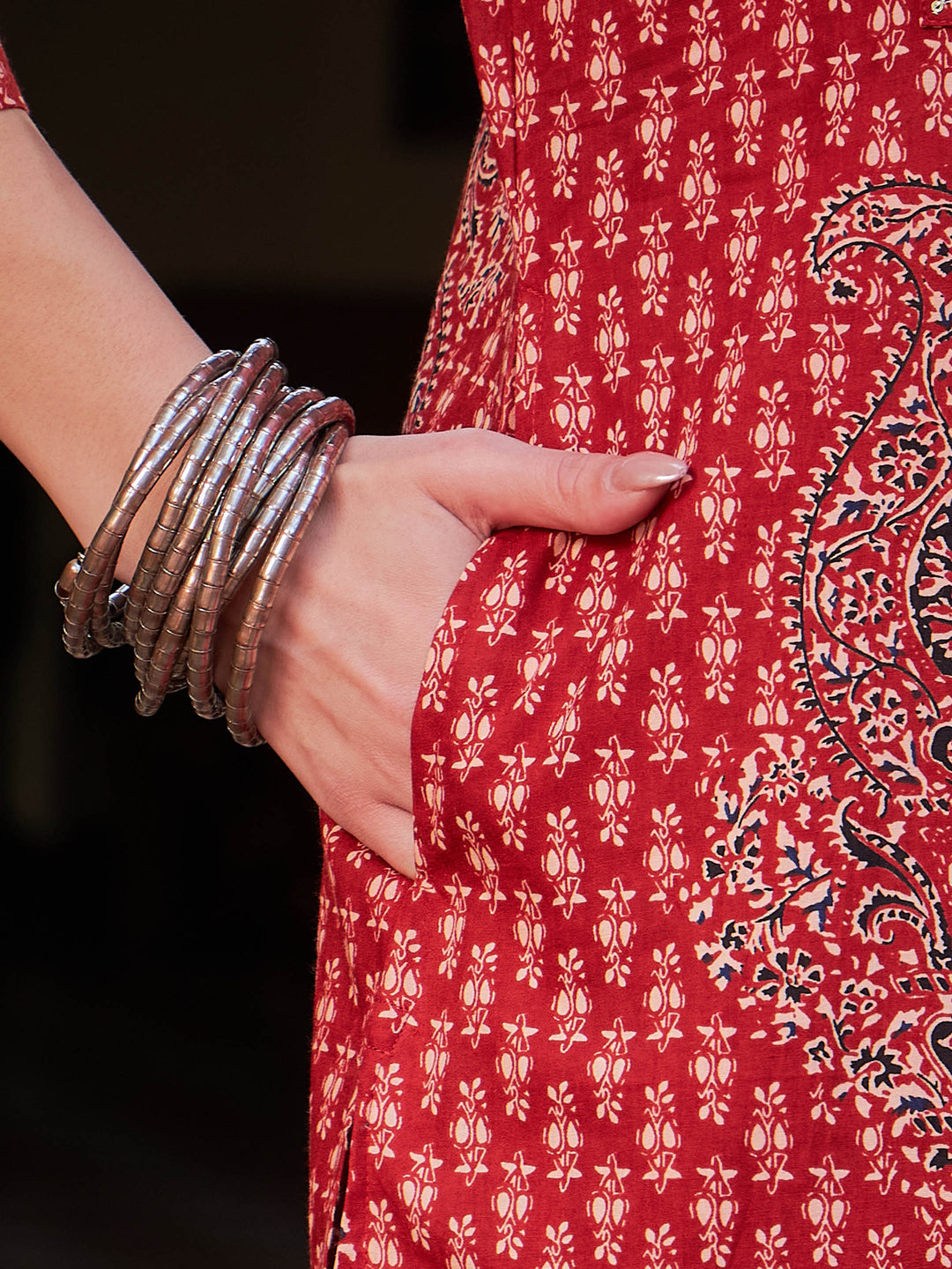 Maroon Floral Front Yoke Kurta With Pencil Pants &amp; Dupatta-Shae by SASSAFRAS
