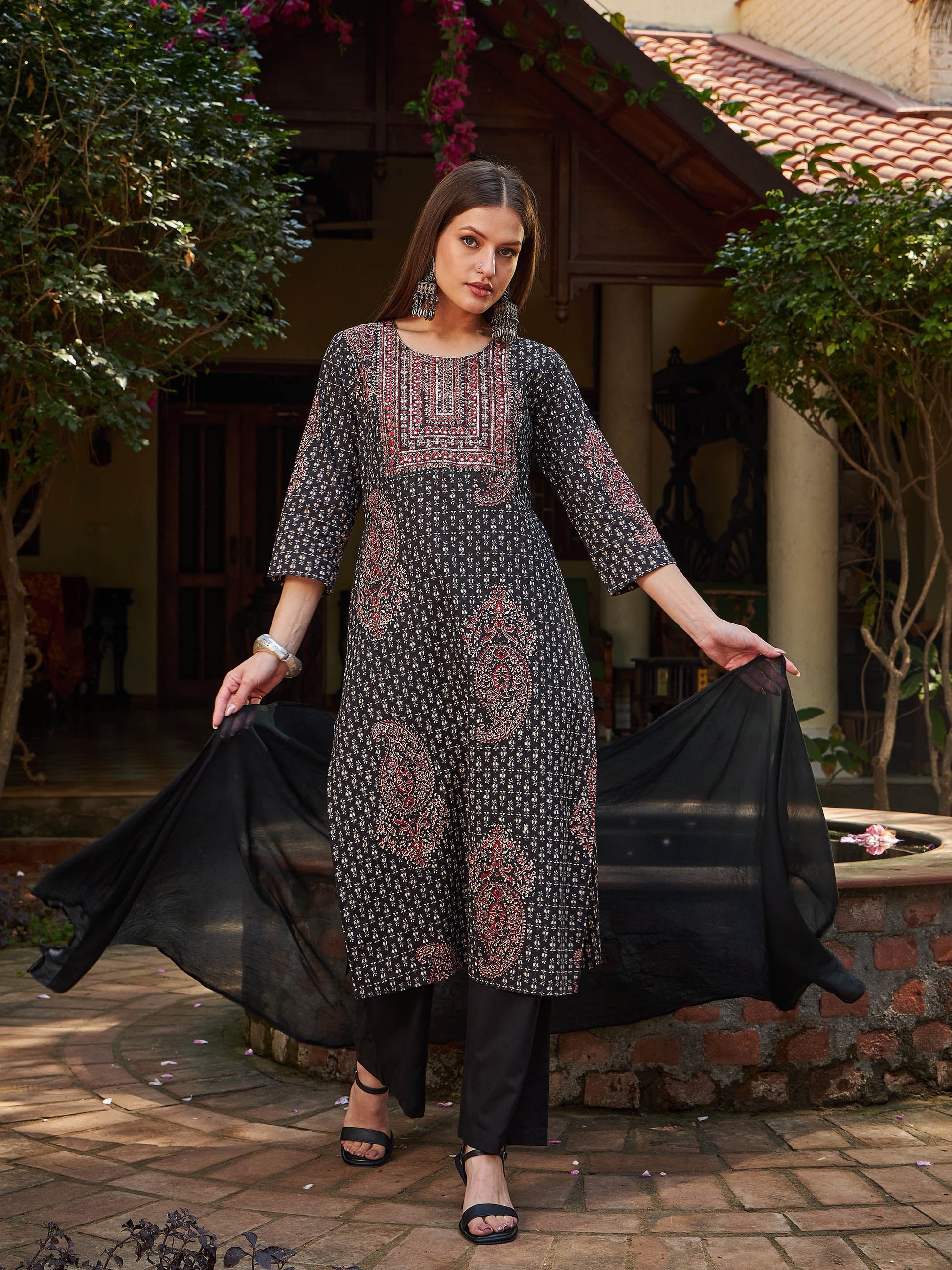 Black Floral Front Yoke Kurta With Pencil Pants & Dupatta-Shae by SASSAFRAS