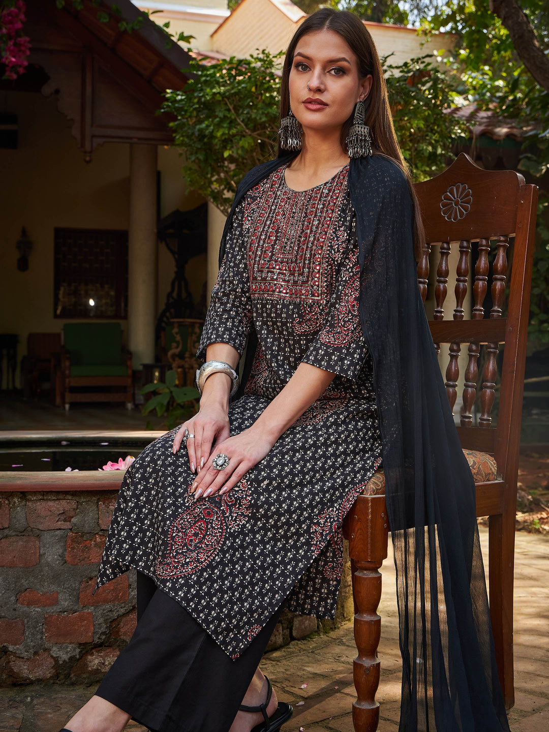 Black Floral Front Yoke Kurta With Pencil Pants &amp; Dupatta-Shae by SASSAFRAS