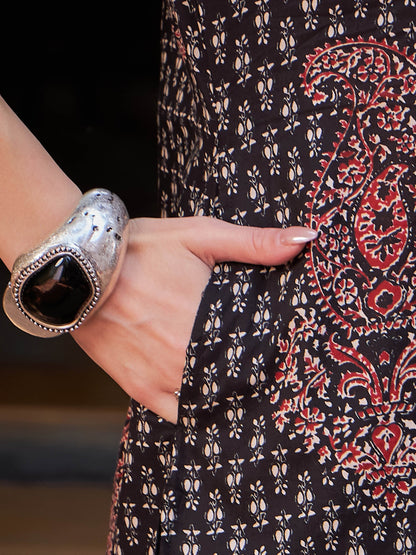 Black Floral Front Yoke Kurta With Pencil Pants & Dupatta-Shae by SASSAFRAS