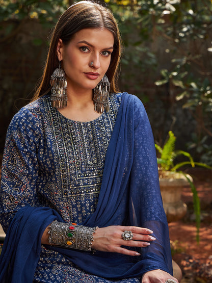 Navy Floral Front Yoke Kurta With Pencil Pants & Dupatta-Shae by SASSAFRAS