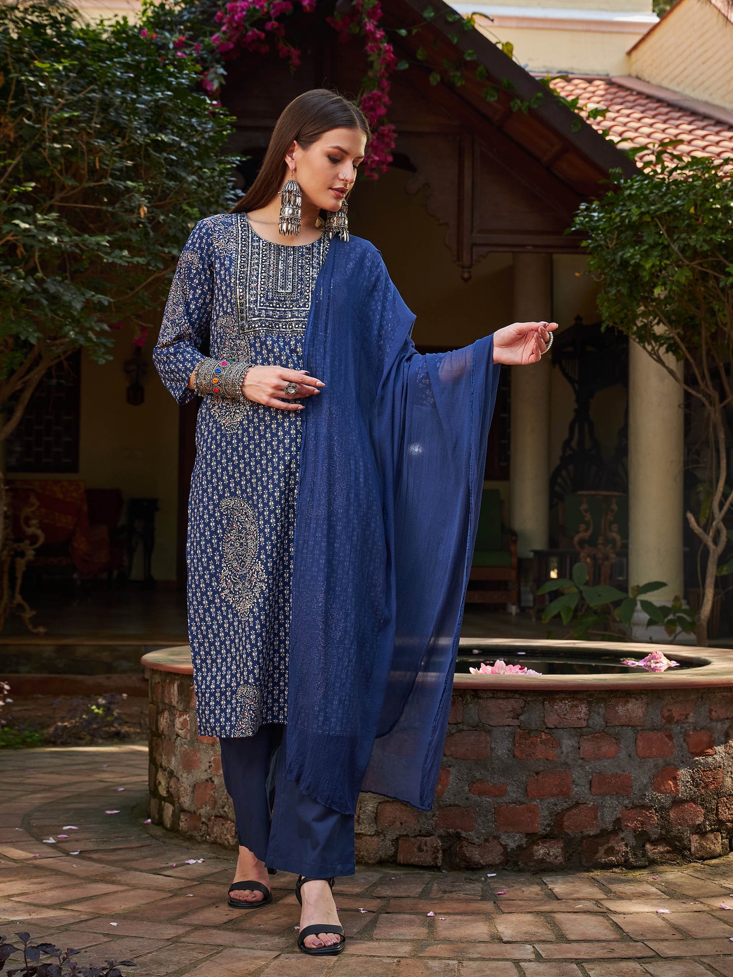 Navy Floral Front Yoke Kurta With Pencil Pants & Dupatta-Shae by SASSAFRAS