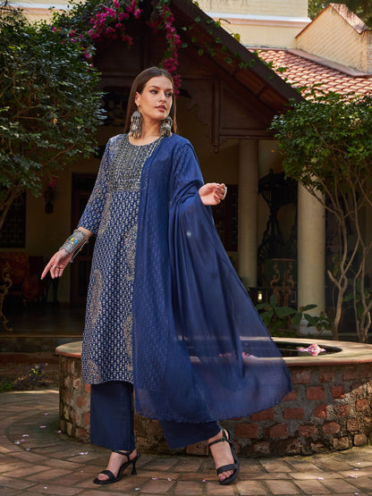 Navy Floral Front Yoke Kurta With Pencil Pants & Dupatta-Shae by SASSAFRAS