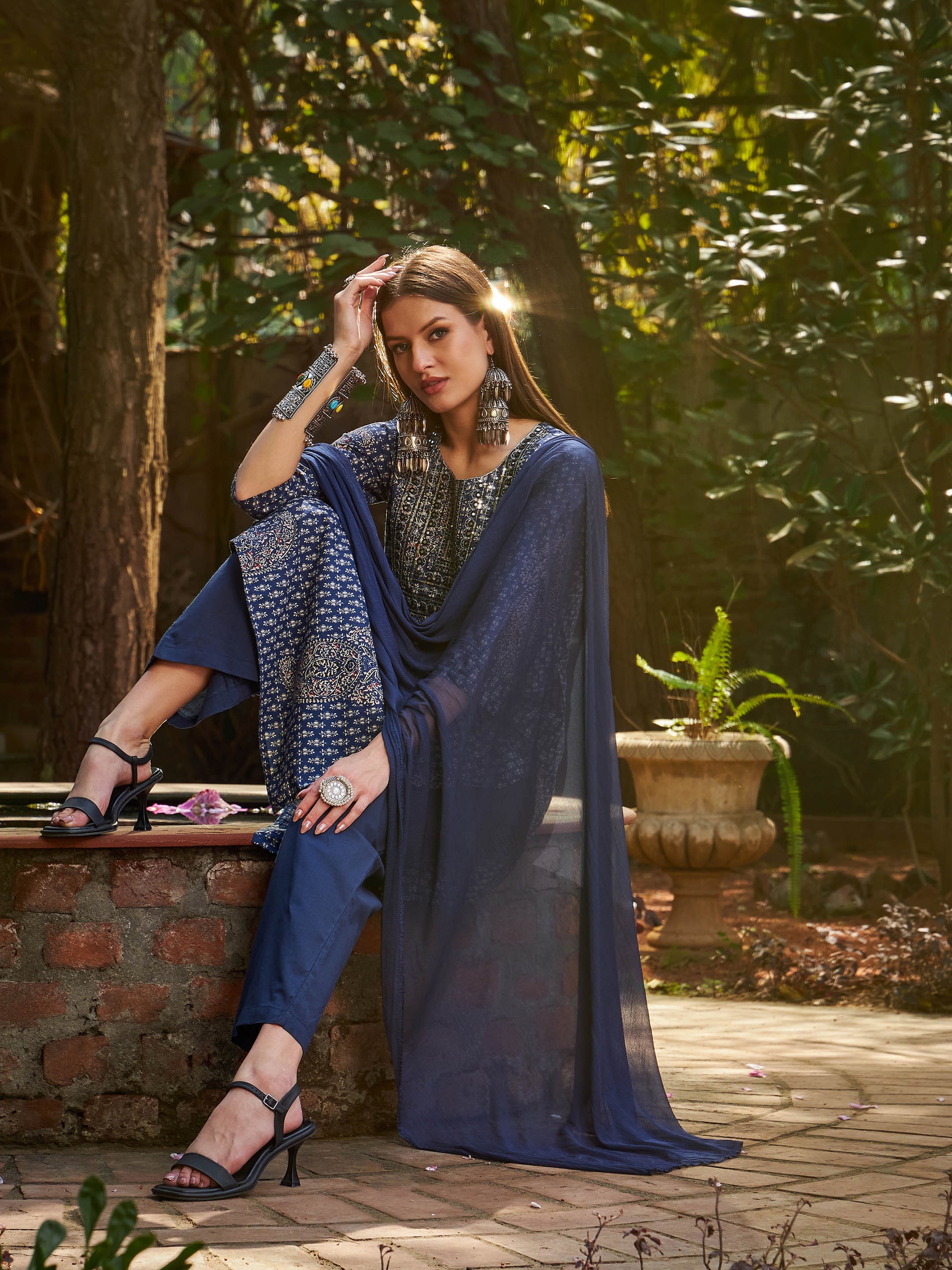 Navy Floral Front Yoke Kurta With Pencil Pants & Dupatta-Shae by SASSAFRAS