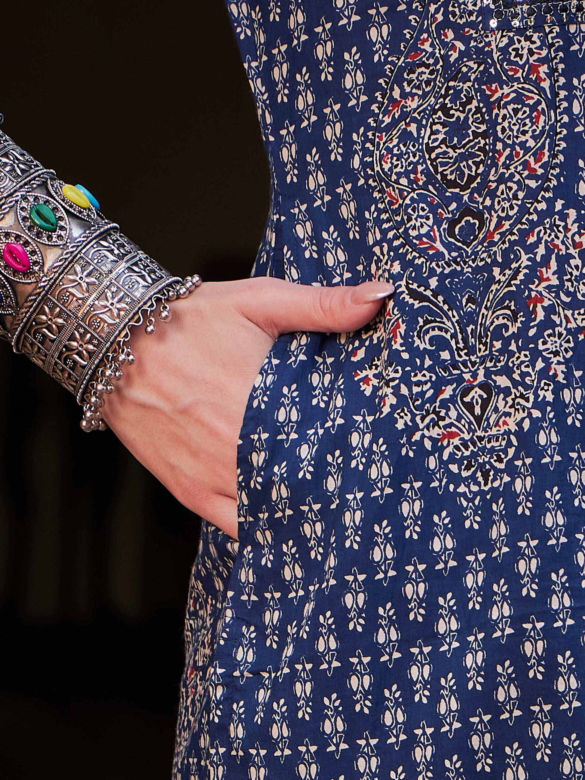 Navy Floral Front Yoke Kurta With Pencil Pants & Dupatta-Shae by SASSAFRAS