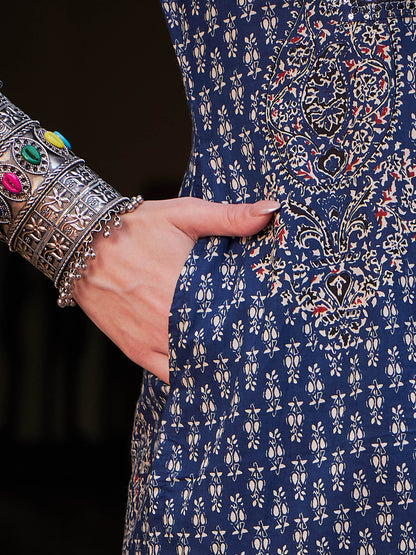 Navy Floral Front Yoke Kurta With Pencil Pants & Dupatta-Shae by SASSAFRAS