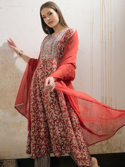 Maroon Floral Anarkali Kurta With Pencil Pants & Dupatta-Shae by SASSAFRAS