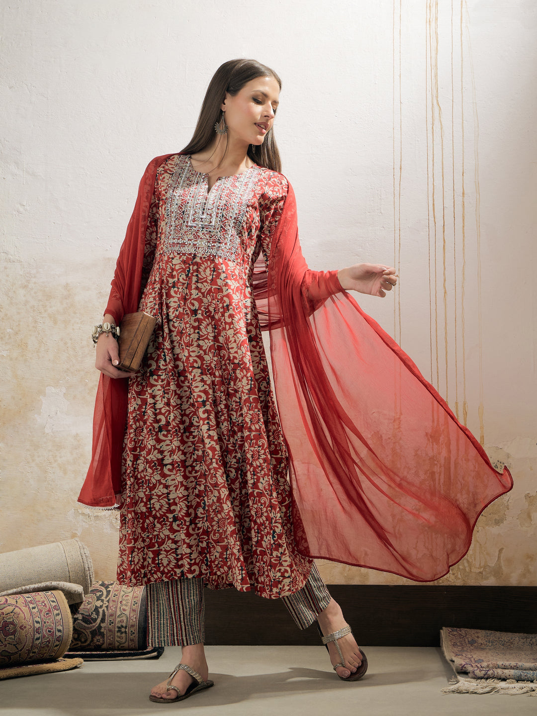 Maroon Floral Anarkali Kurta With Pencil Pants &amp; Dupatta-Shae by SASSAFRAS