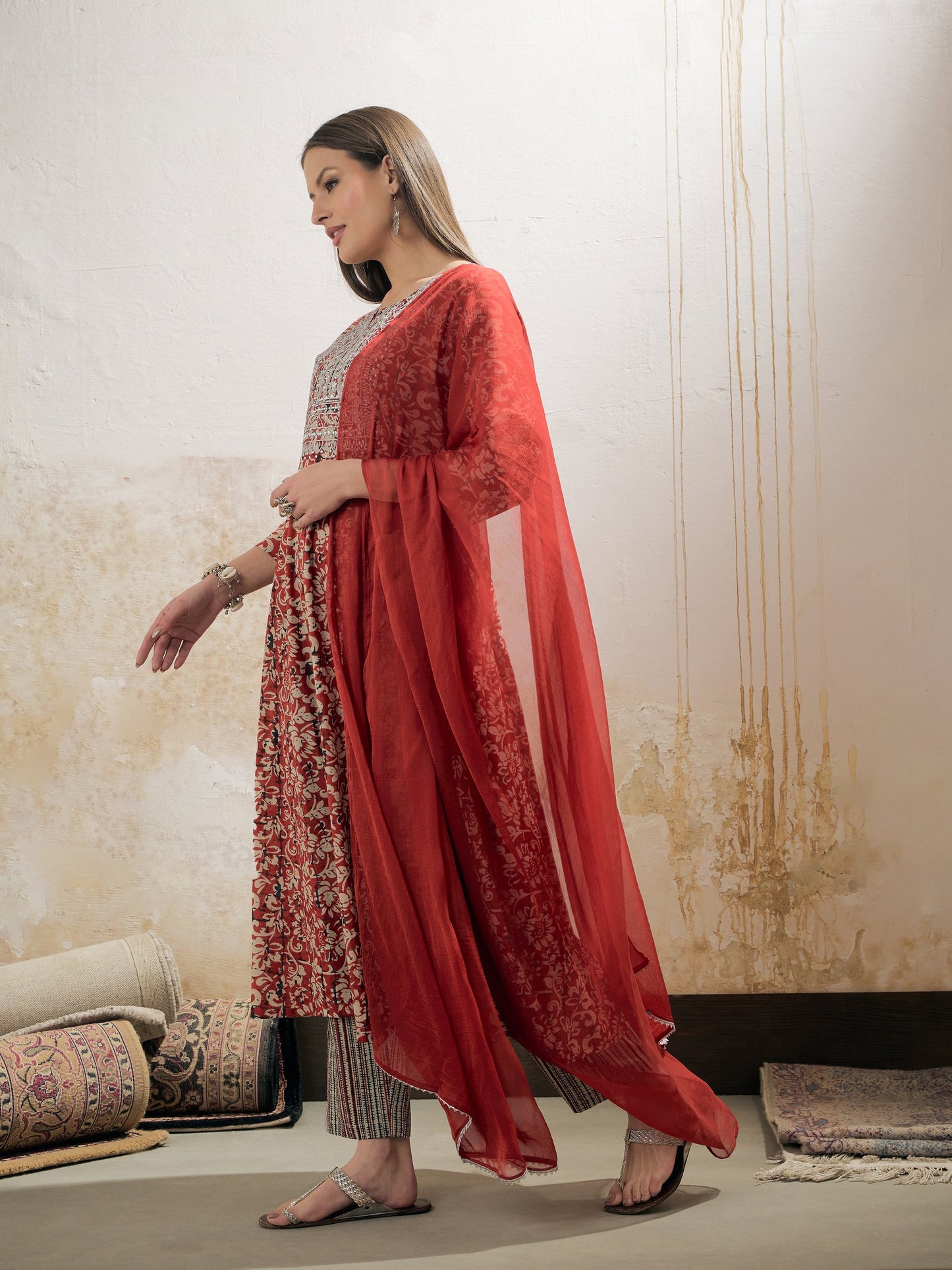 Maroon Floral Anarkali Kurta With Pencil Pants & Dupatta-Shae by SASSAFRAS