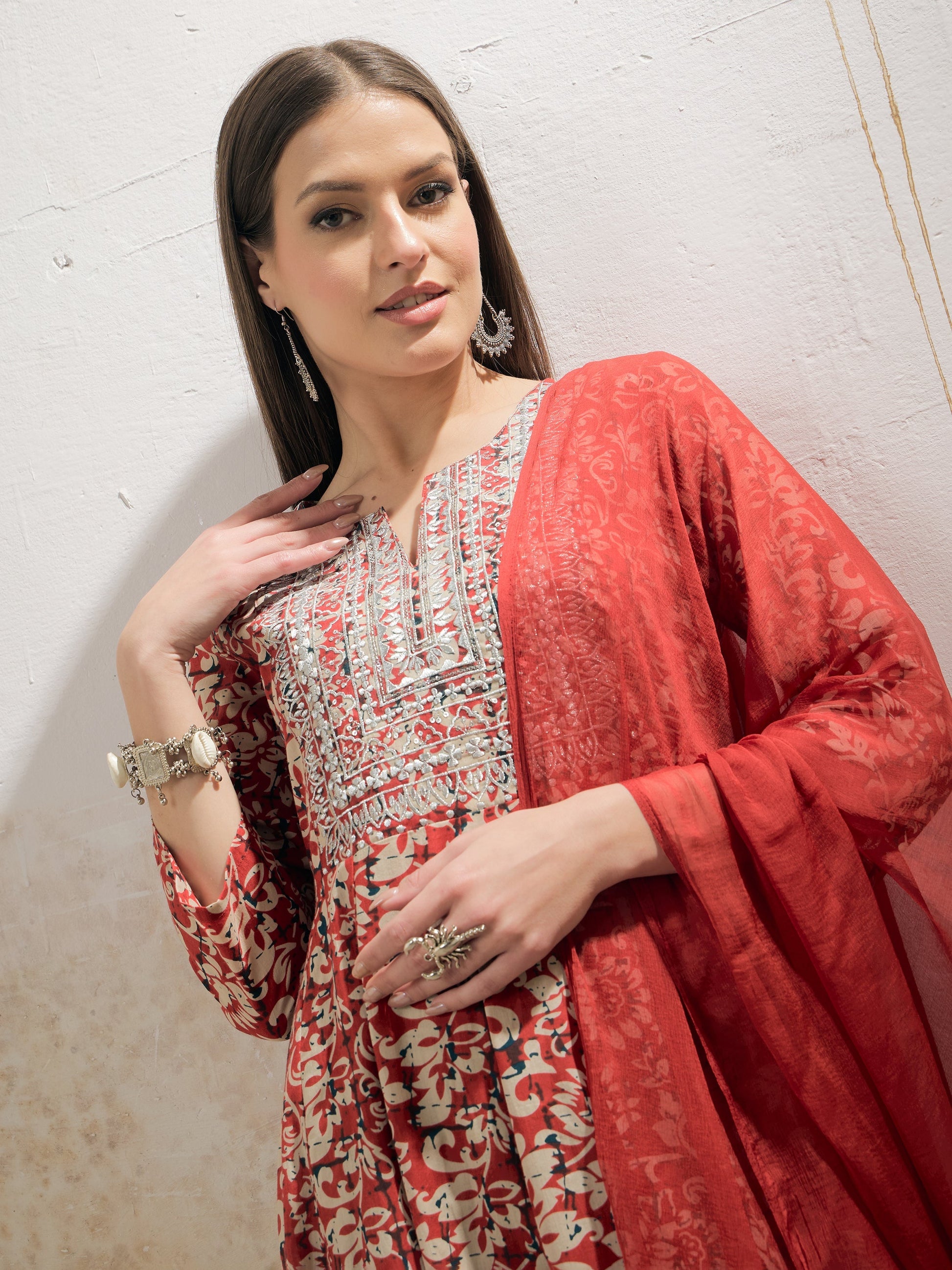 Maroon Floral Anarkali Kurta With Pencil Pants & Dupatta-Shae by SASSAFRAS