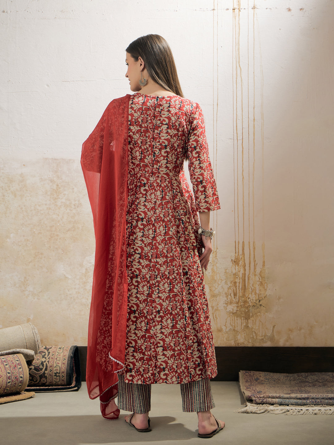 Maroon Floral Anarkali Kurta With Pencil Pants &amp; Dupatta-Shae by SASSAFRAS