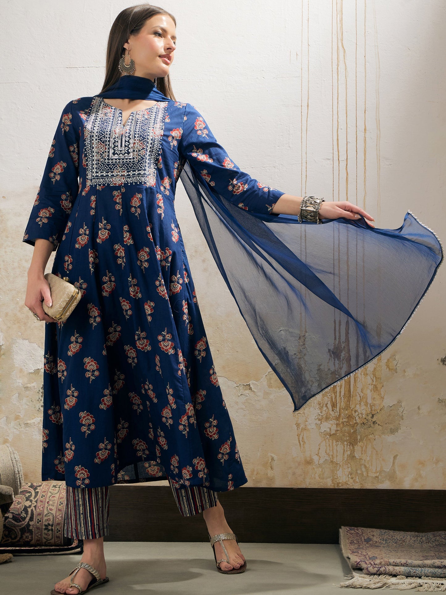Navy Floral Anarkali Kurta With Pants & Dupatta-Shae by SASSAFRAS