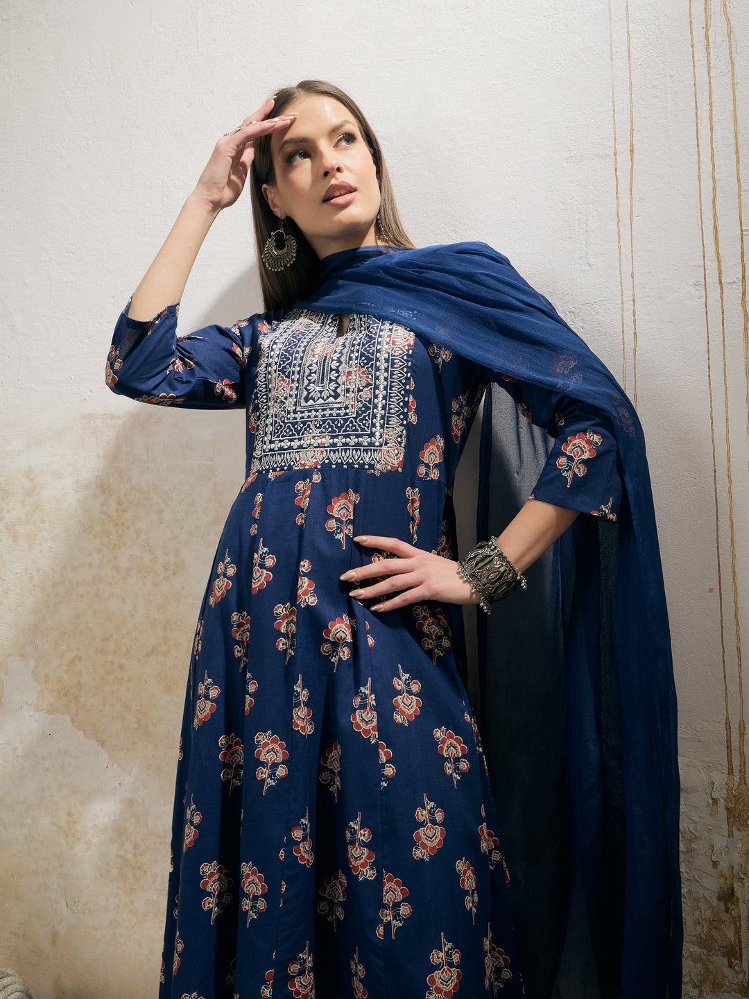 Navy Floral Anarkali Kurta With Pants &amp; Dupatta-Shae by SASSAFRAS