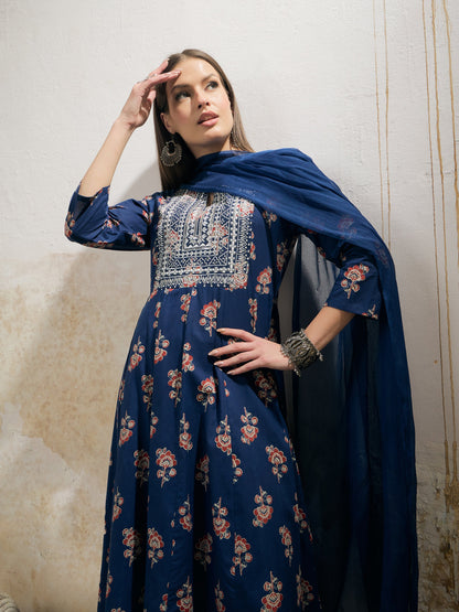 Navy Floral Anarkali Kurta With Pants & Dupatta-Shae by SASSAFRAS
