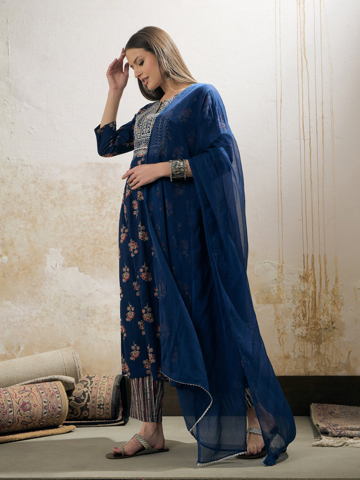 Navy Floral Anarkali Kurta With Pants &amp; Dupatta-Shae by SASSAFRAS
