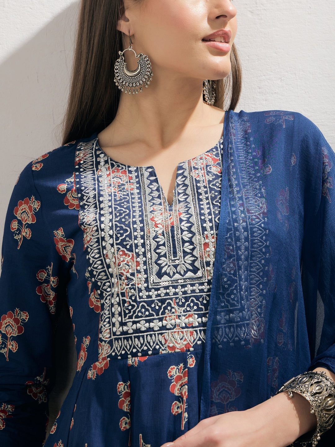 Navy Floral Anarkali Kurta With Pants &amp; Dupatta-Shae by SASSAFRAS