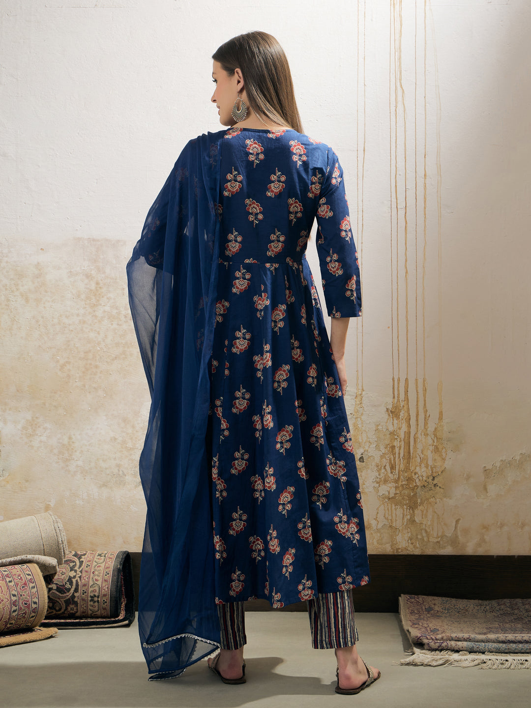 Navy Floral Anarkali Kurta With Pants &amp; Dupatta-Shae by SASSAFRAS