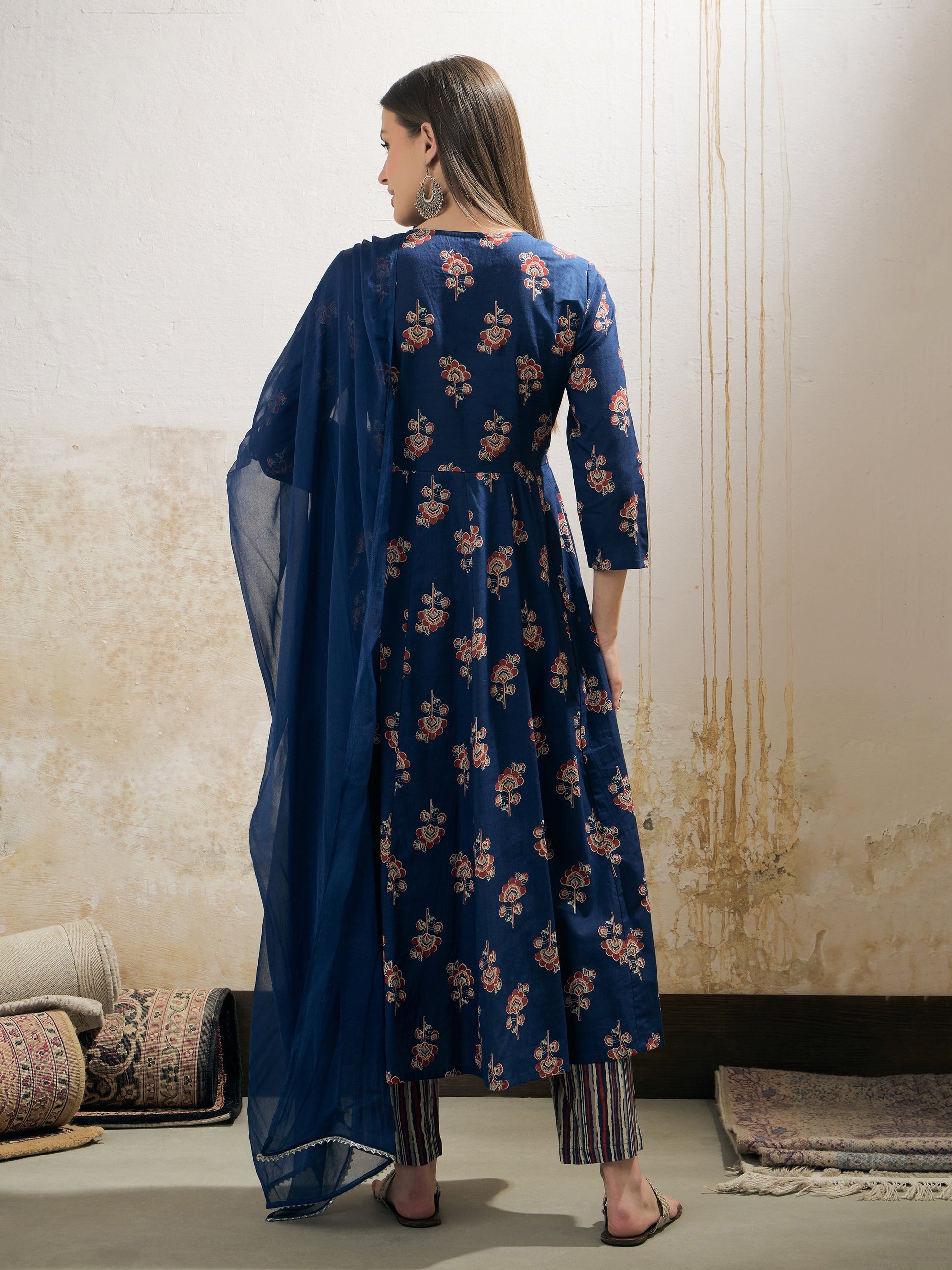 Navy Floral Anarkali Kurta With Pants & Dupatta-Shae by SASSAFRAS