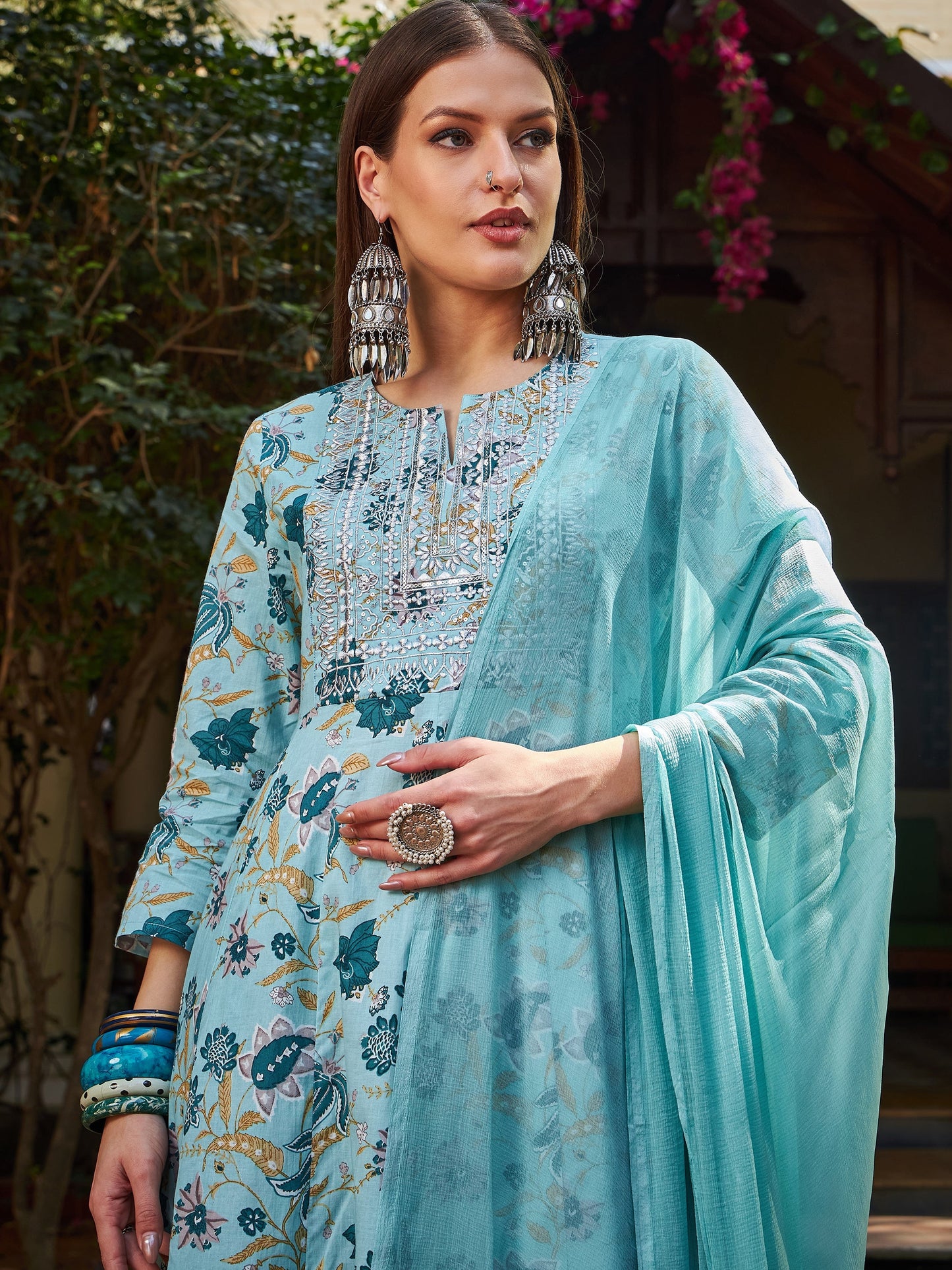 Blue Floral Anarkali Kurta With Pencil Pants & Dupatta-Shae by SASSAFRAS